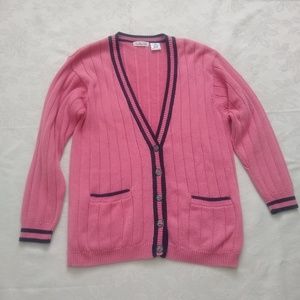 Talbots v-neck tipped vintage rib knit cardigan pockets preppy style